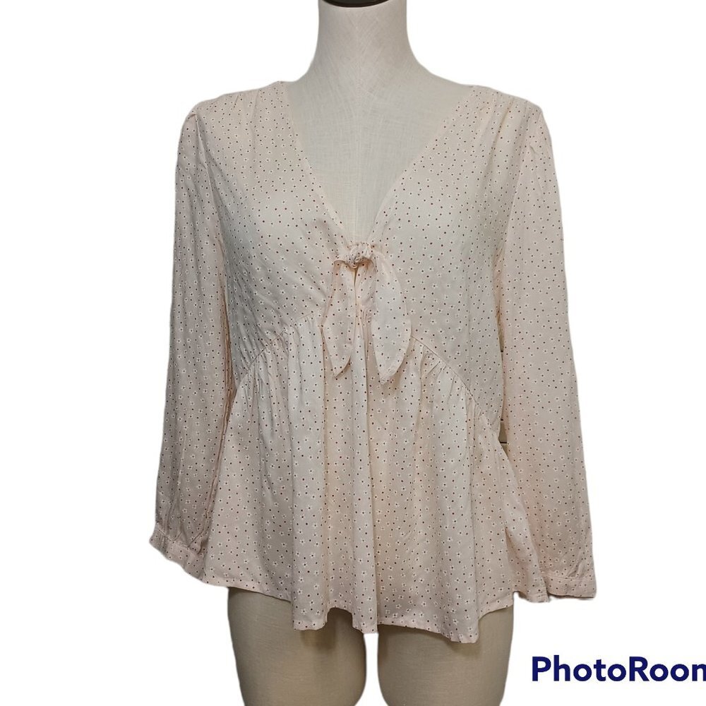 Lucky Brand‎ Blouse Womens Med Boho Peasant Peplum Ditsy Floral Dot Tie Front